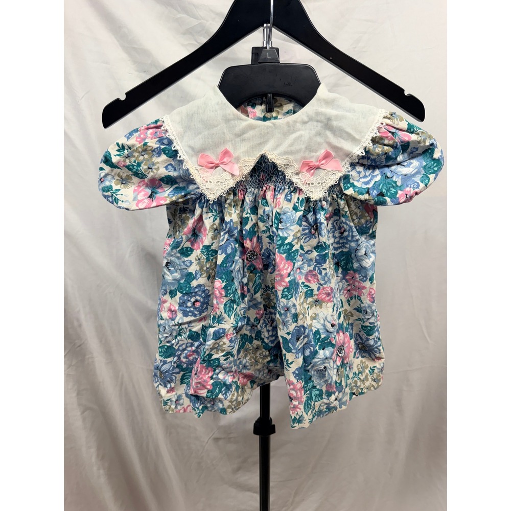 Polly Flinders Vintage Floral Smocked Bubble Romper Blue Pink Lace Bows T-3